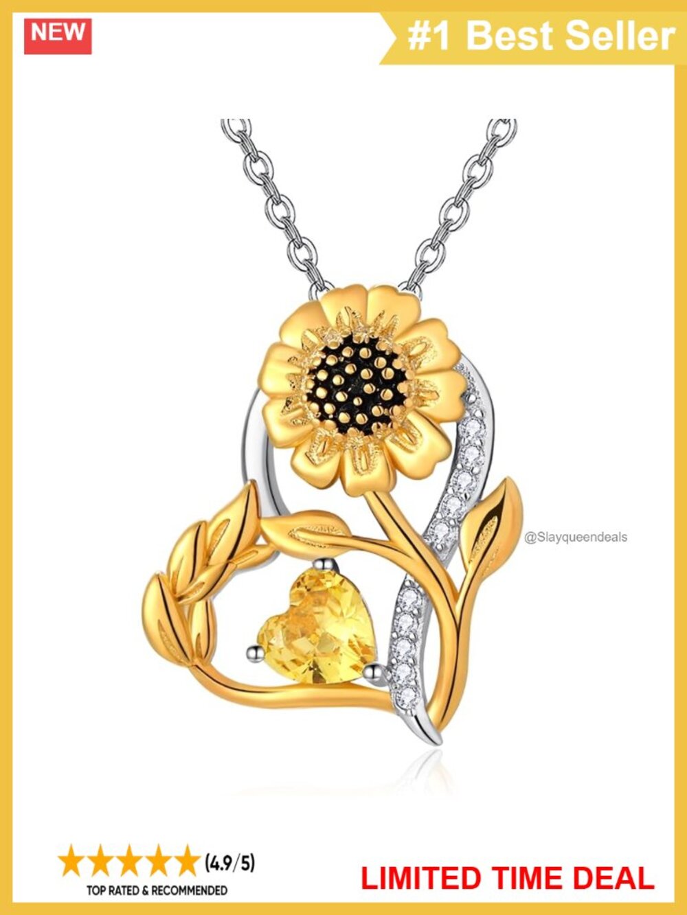 S925 Sterling Silver Citrine Sunflower Heart Pendant Necklace